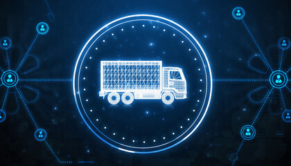 Digital Logistics: A futuristic digital representation of a delivery truck, embedded within a network of interconnected points, symbolizing modern supply chains, transport, and global distribution.