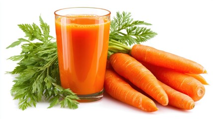 Bright orange carrot juice stands in a clear glass beside fresh carrots and green leaves. The vibrant colors emphasize the freshness and healthiness of this nutritious drink.