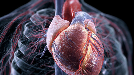 A detailed, medically accurate digital illustration of the anatomical structure of the heart (ventricles, atria), surrounded by a translucent mesh showing the rib cage and major blood vessels
