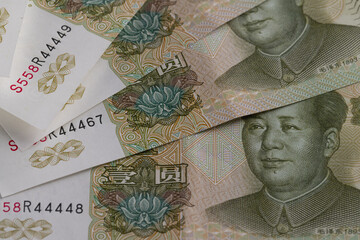 Close Up Full Frame Background of Chinese Yuan Banknotes with Mao Zedong Portrait
