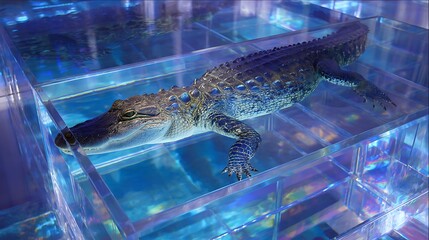 Alligator submerged in a vibrant blue illuminated icy environment with intricate crystalline structures