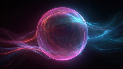 Obraz premium A bright, glowing sphere is surrounded by colorful light trails that swirl around it, set against a dark background.