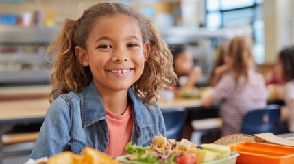 A cheerful girl smiles while eating a nutritious lunch surrounded by classmates in a school setting.