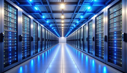 Modern server room provides data storage solutions with rows of glowing servers reflecting on the floor, offering a futuristic technology aesthetic