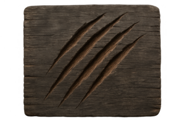 Animal claw marks appearing on old wooden board, showing damage and scratches, danger warning halloween sign element