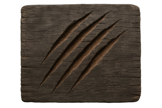 Animal claw marks appearing on old wooden board, showing damage and scratches, danger warning halloween sign element
