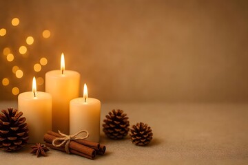 Warm Christmas still life for banners and greeting cards with candles and soft golden bokeh