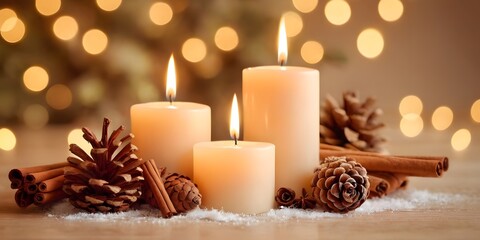 Warm Christmas still life for banners and greeting cards with candles and soft golden bokeh