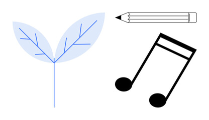 Creativity, environmental awareness, artistic expression, education, nature-inspired design, music-making. A leaf, a pencil and a music note in a clean composition. Creativity and environmental