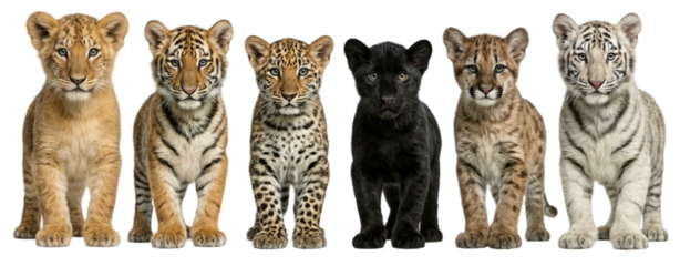 Group of different baby big cat species, lion, bengal tiger, african leopard, black panther, cougar and white tiger