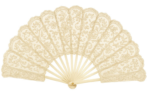 Vintage cream lace hand fan with floral pattern, elegant accessory showing classic fashion and tradition