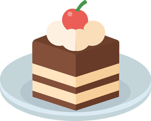 Square chocolate layer cake with cream and cherry topping