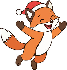 Happy little fox wearing a santa hat cheering with joy