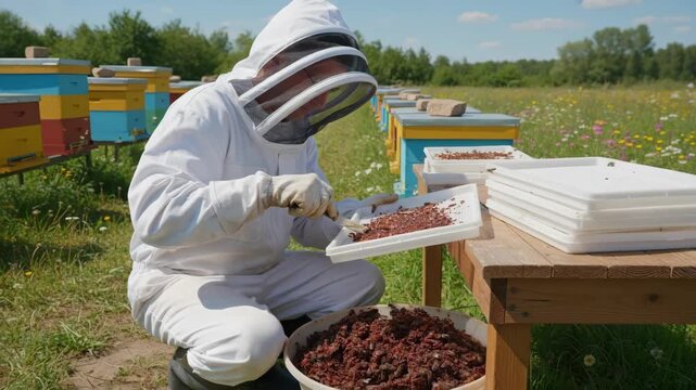 Medium shot showing the process of collecting harvested propolis resin from trays after removal from trap boards in an outdoor apiary.