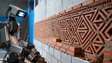 Medium shot capturing robotic bricklayer following complex pattern designs highlighting precision and customization in wall construction.
