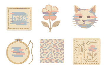 Handcrafted Data Distortion. Isometric vector illustration set of handcrafted data distortion: stitched error screen pattern,