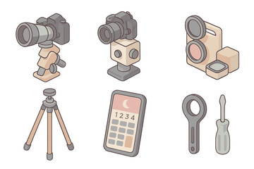 Celestial Photography Icons. Isometric vector illustration set of celestial photography workflow: camera on telescope, star