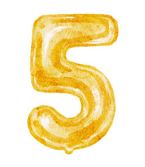 Watercolor illustration of golden balloon number five isolated on white, clip art for birthday.