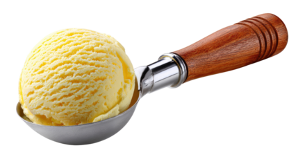 Scoop of Sweet Delight: A perfectly scooped ball of rich vanilla ice cream, elegantly presented in a classic serving spoon, beckons with its creamy texture and inviting appeal.