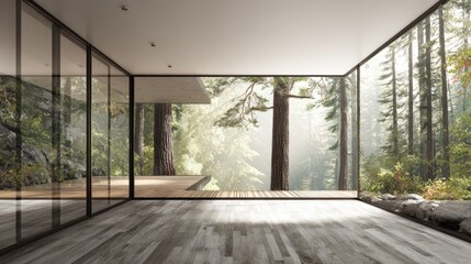 Fototapeta premium Bright indoor space with large glass walls offers a stunning view of tall trees and a serene forest.