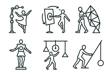 Kinetic Sculpture Icons. Line style icons of performance-based kinetic sculpture: dancer-interactive armature, choreographed spin