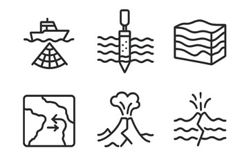 Marine Geology Icons. Line style icons of marine geology: seafloor mapping unit, sediment core sample, rock formation diagram,