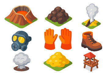 Fototapeta premium Hiking Trail Icons. Isometric vector illustration set Hiking trails – crater rim, lava rock, fumarole vent; gas mask,