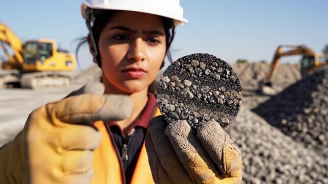 Female civil engineer holding asphalt core sample at road construction site. Quality control inspection of pavement layers. Industrial infrastructure concept.