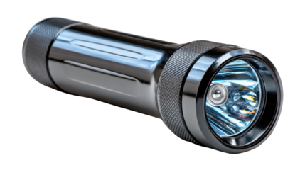 Flashlight's Bright Beam: A close-up view of a sleek, black flashlight illuminates, highlighting its powerful beam. Showcasing its design and functionality, ready to provide light in darkness.