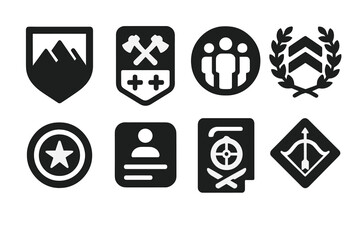 Group Survival Badges. Solid style icons of group survival badges: team crest glyph, badge icon, shared skills badge. Rank ring,