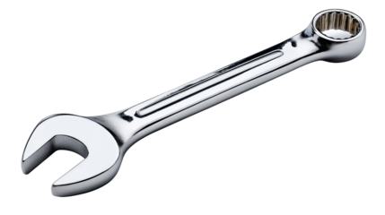 Shiny Wrench: A close-up studio shot of a gleaming, metallic wrench, a versatile tool for mechanical tasks, highlighting its design.