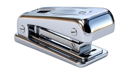 Chrome Stapler: A sleek chrome stapler, meticulously designed for efficiency and aesthetic appeal, sits poised, its metallic sheen catching the light, an embodiment of office elegance.