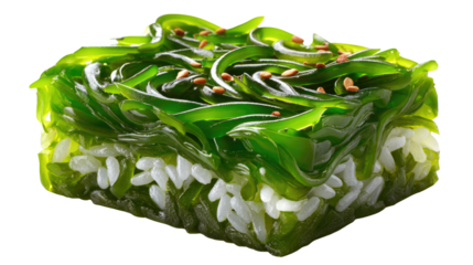 Sushi Delight: A close-up shot of a unique sushi roll with vibrant green seaweed atop fluffy rice, adorned with sesame seeds, capturing the essence of culinary artistry and fresh flavors.
