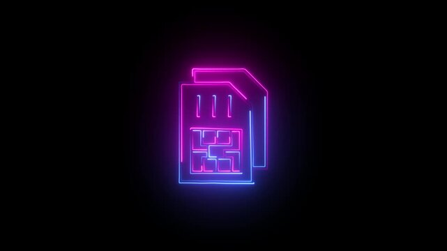 Futuristic neon SIM Card icon animation.SIM Card Mobile Network Symbol 4K Video.