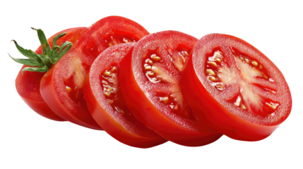 Sliced Tomato: A vibrant and appetizing close-up of a perfectly sliced tomato, showcasing its juicy interior, fresh texture, and rich, red hue.