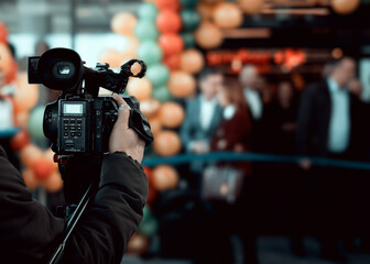 The cameraman is skillfully operating and filming with a professional digital camera, carefully adjusting the focus and composition to capture high‑quality footage