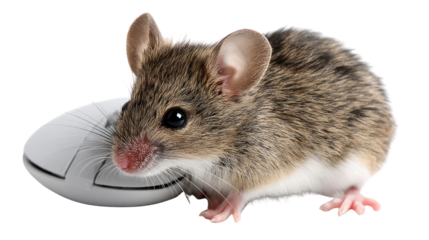 Mouse's Digital Companion: A curious mouse beside computer accessory, its presence adding a unique perspective.
