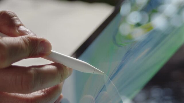 Close-up, artist drawing peacock feather on tablet screen while sitting at table