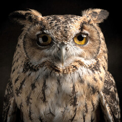 Obraz premium Closeup portrait of a majestic great horned owl with intense yellow eyes staring directly at the camera against a dark background