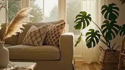 A cozy beige sofa with inviting pillows and charming plants on the windowsill, capturing the effortless relaxation concept of wellness, interior design, or lifestyle products that emphasize.