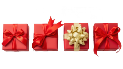 Four Red Gift Boxes with Ribbons and Bows on Black Background present