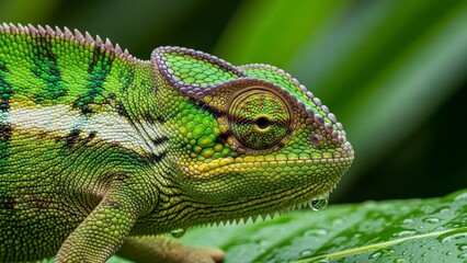 Obraz premium Close-up of a vibrant green chameleon with intricate scales and a focused gaze.