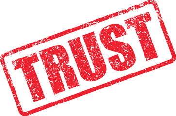 The word trust is stamped in vibrant, distressed red ink for emphasis and clarity