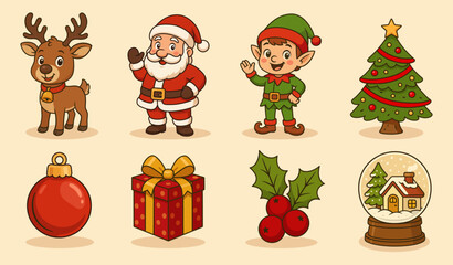 Christmas characters and objects illustrations set. Vector cartoon clipart for Christmas decorations.
