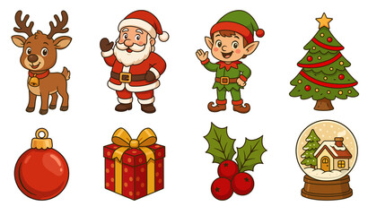 Christmas characters and objects illustrations set. Cartoon clipart for Christmas decorations.