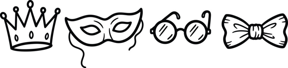 A set of four hand-drawn doodle icons on a single image a wobbly simple crown a crooked mask outline a rough pair of glasses and an imperfect bow tie