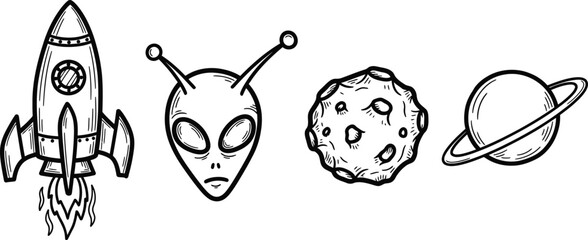 A set of four hand-drawn doodle icons on a single image a wobbly rocket ship a crooked alien head a rough asteroid and an imperfect simple planet