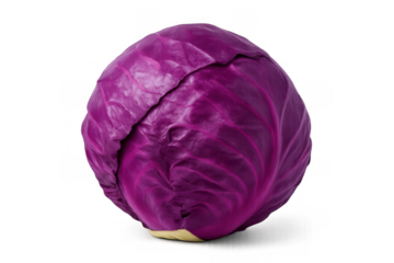 Whole red cabbage head showcasing vibrant purple leaves for healthy eating and raw food ingredients on transparent background
