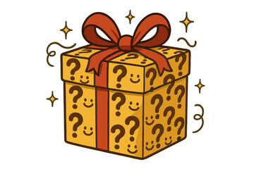 Mystery Gift Box. A wrapped box covered in a question mark pattern, each mark smiling, with doodle sparkles and playful ribbons,
