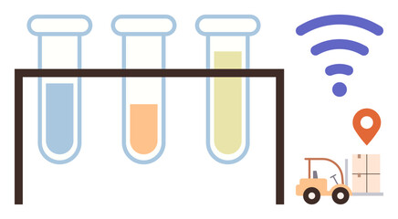 Test tubes with liquids, wireless signal, forklift moving samples, location pin. Ideal for science, technology, logistics, productivity data integration IoT innovation. Modern simple flat